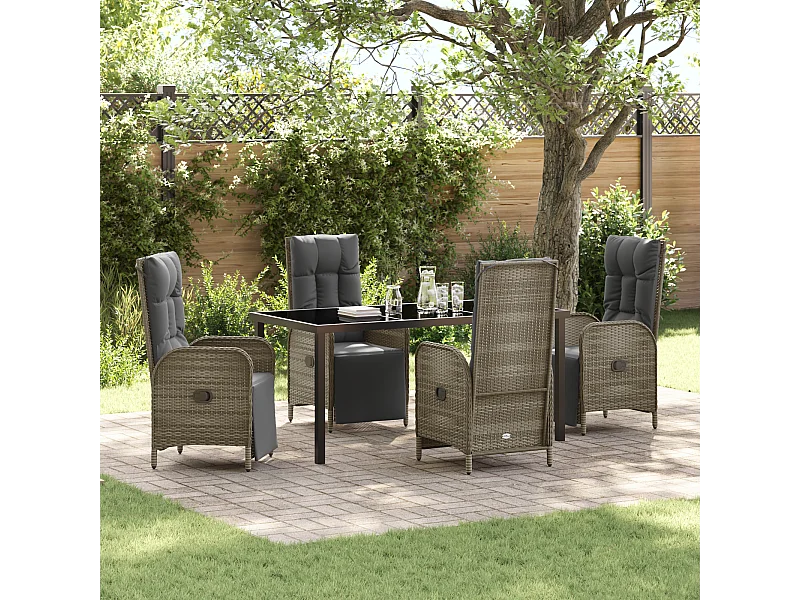 Set da pranzo da giardino da 5 pezzi con cuscini in polyrattan grigio