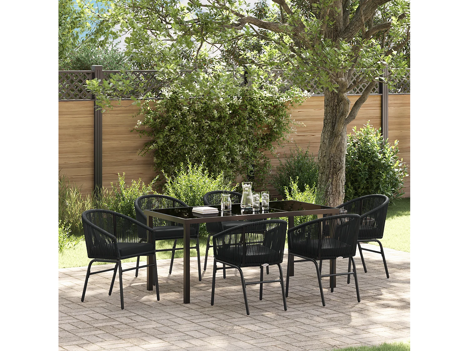 Set de salle à manger de jardin 7 pièces – Rattan poly noir