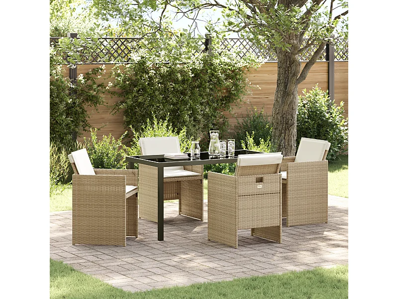 Set da pranzo da giardino da 5 pezzi con cuscini in polyrattan beige