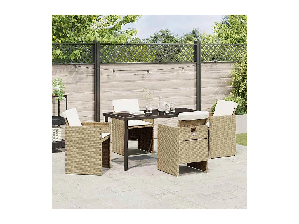 Set da pranzo da giardino da 5 pezzi con cuscini in polyrattan beige