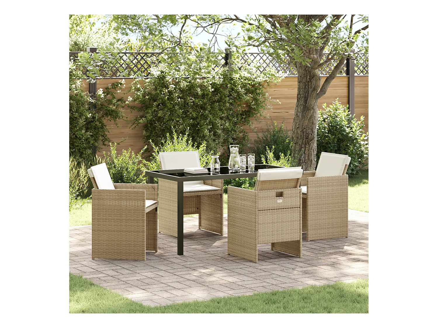 Ensemble de repas de jardin 5 pièces avec coussins beige en poly rattan