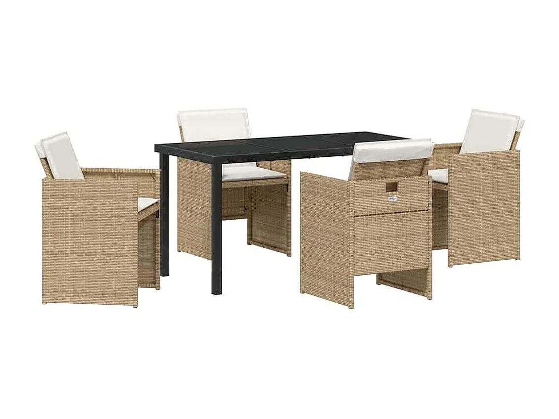 Ensemble de repas de jardin 5 pièces avec coussins beige en poly rattan