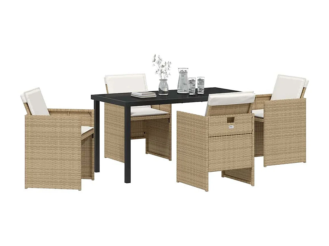 Ensemble de repas de jardin 5 pièces avec coussins beige en poly rattan