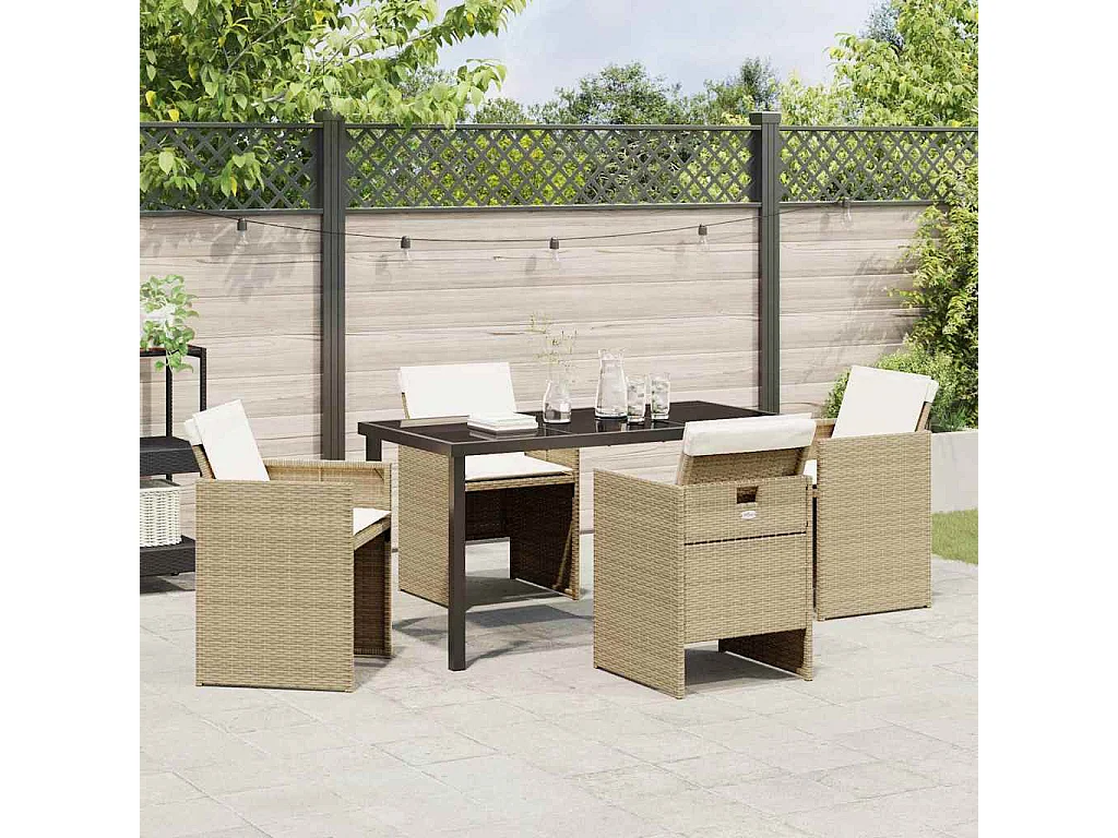 Ensemble de repas de jardin 5 pièces avec coussins beige en poly rattan