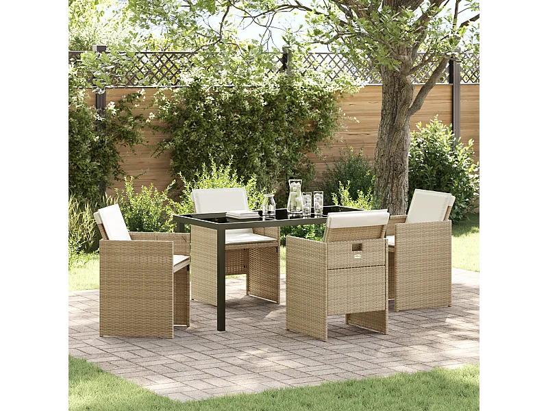 Ensemble de repas de jardin 5 pièces avec coussins beige en poly rattan