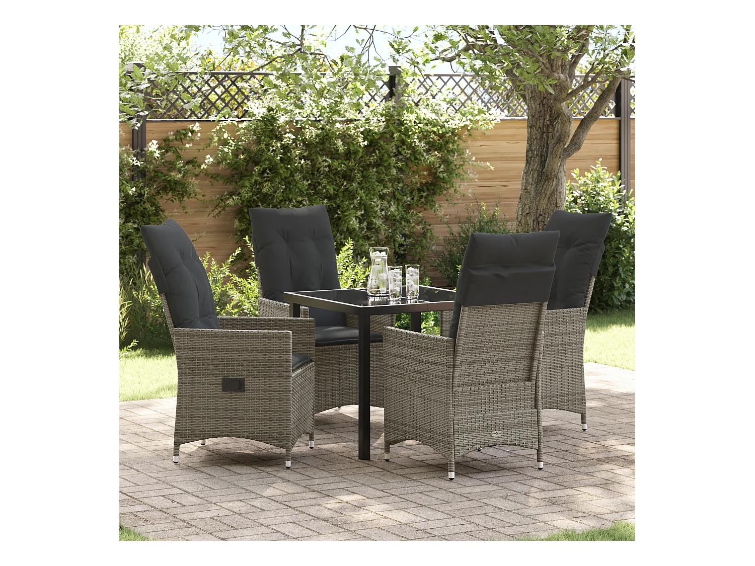 Set da pranzo da giardino 5 pezzi con cuscini in polyrattan grigio