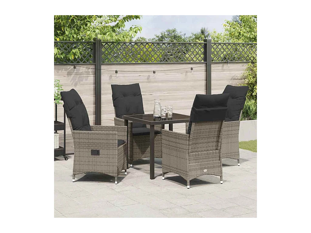 Ensemble de salle à manger de jardin 5 pièces avec coussins gris en poly rattan