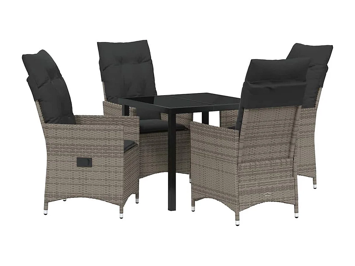 5-teiliges Garten-Essset mit grauen Polyrattan-Kissen