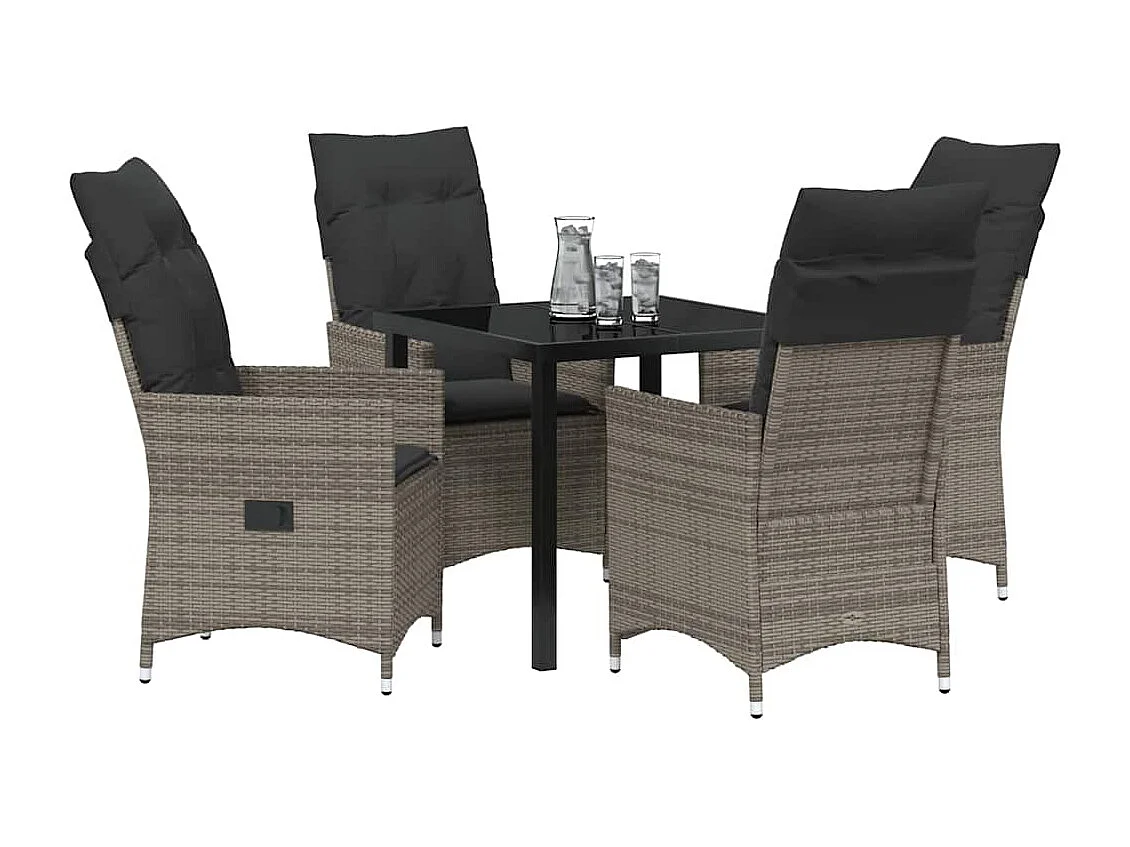 5-teiliges Garten-Essset mit grauen Polyrattan-Kissen