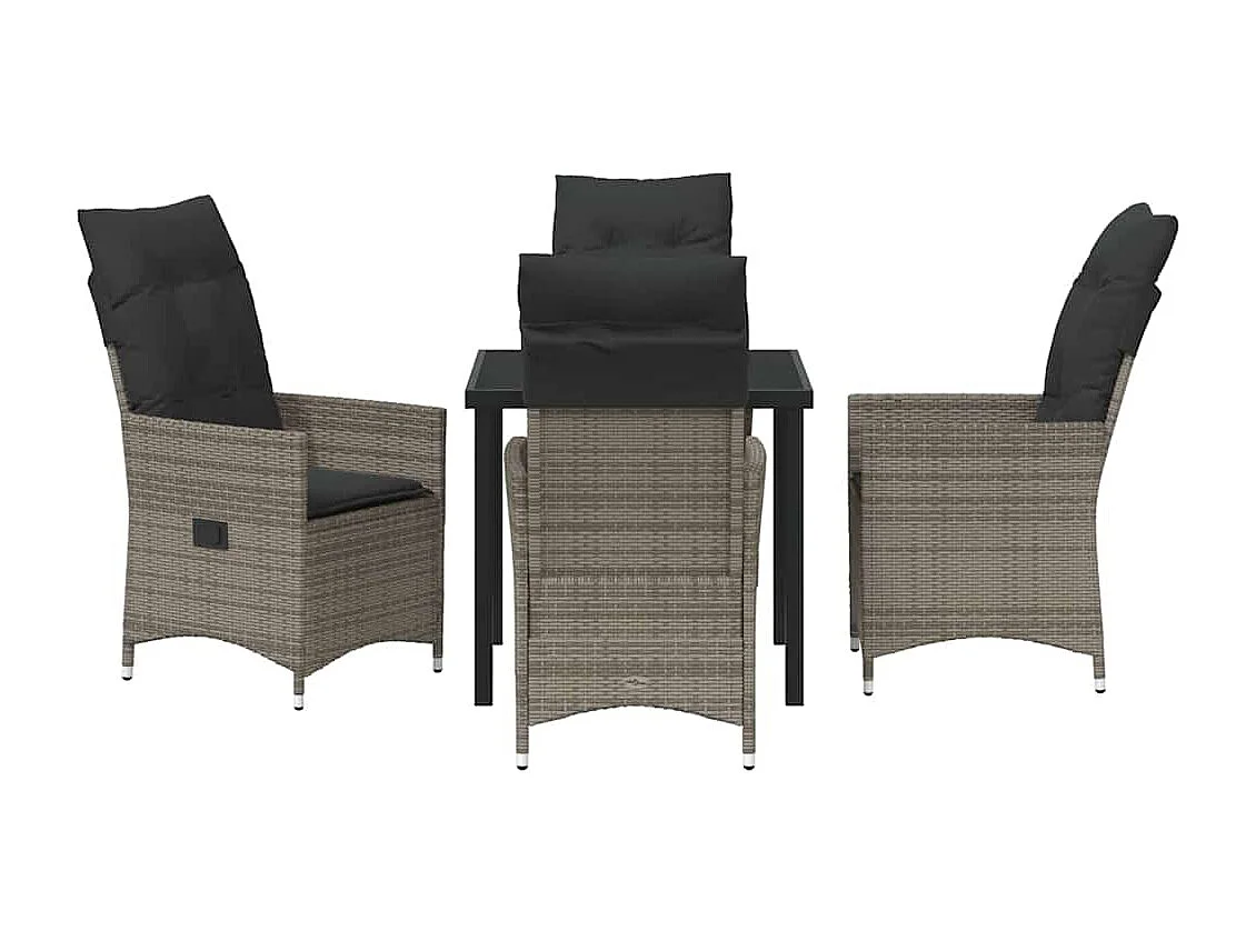 5-teiliges Garten-Essset mit grauen Polyrattan-Kissen