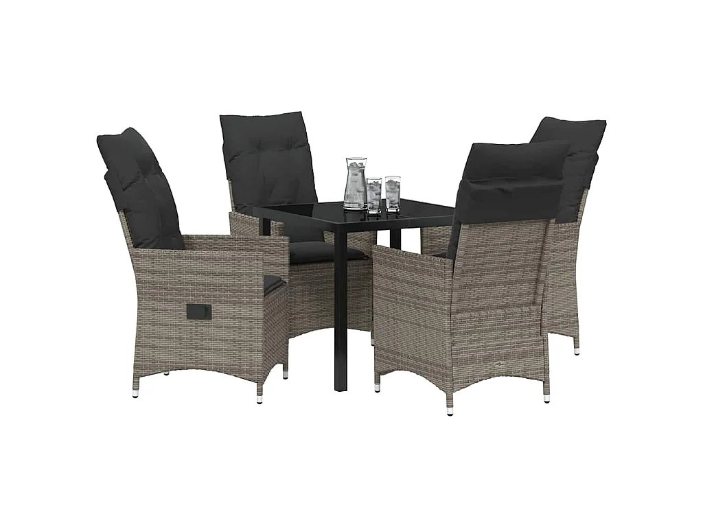 Ensemble de salle à manger de jardin 5 pièces avec coussins gris en poly rattan