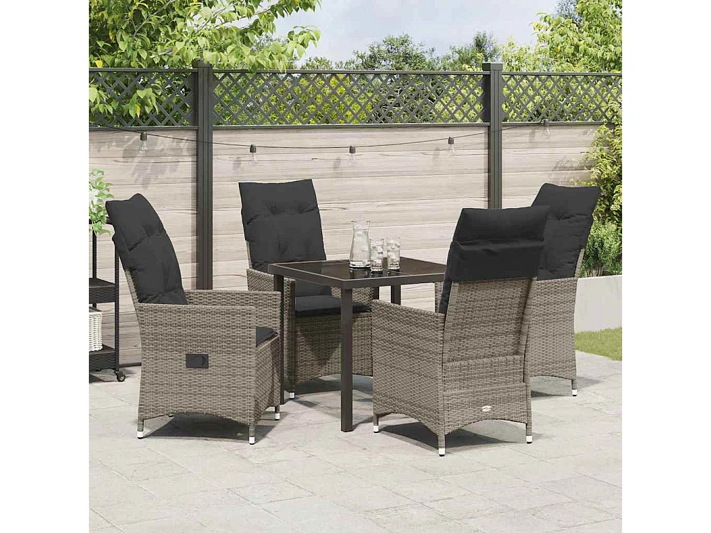 Ensemble de salle à manger de jardin 5 pièces avec coussins gris en poly rattan