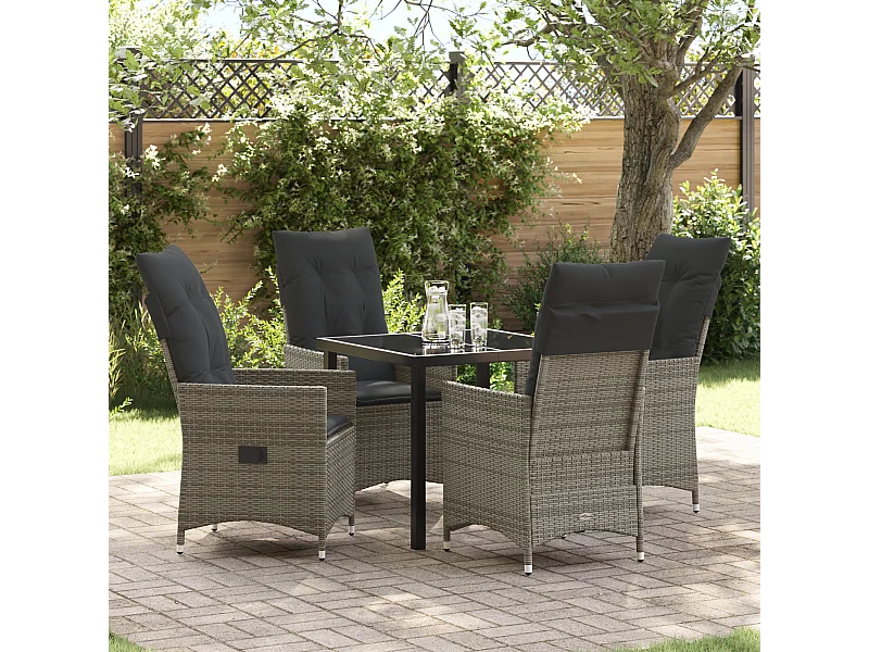 Set da pranzo da giardino 5 pezzi con cuscini in polyrattan grigio