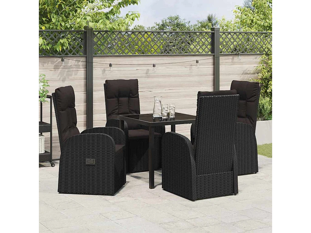 Set de 5 pièces pour repas de jardin avec coussins - Rattan poly noir