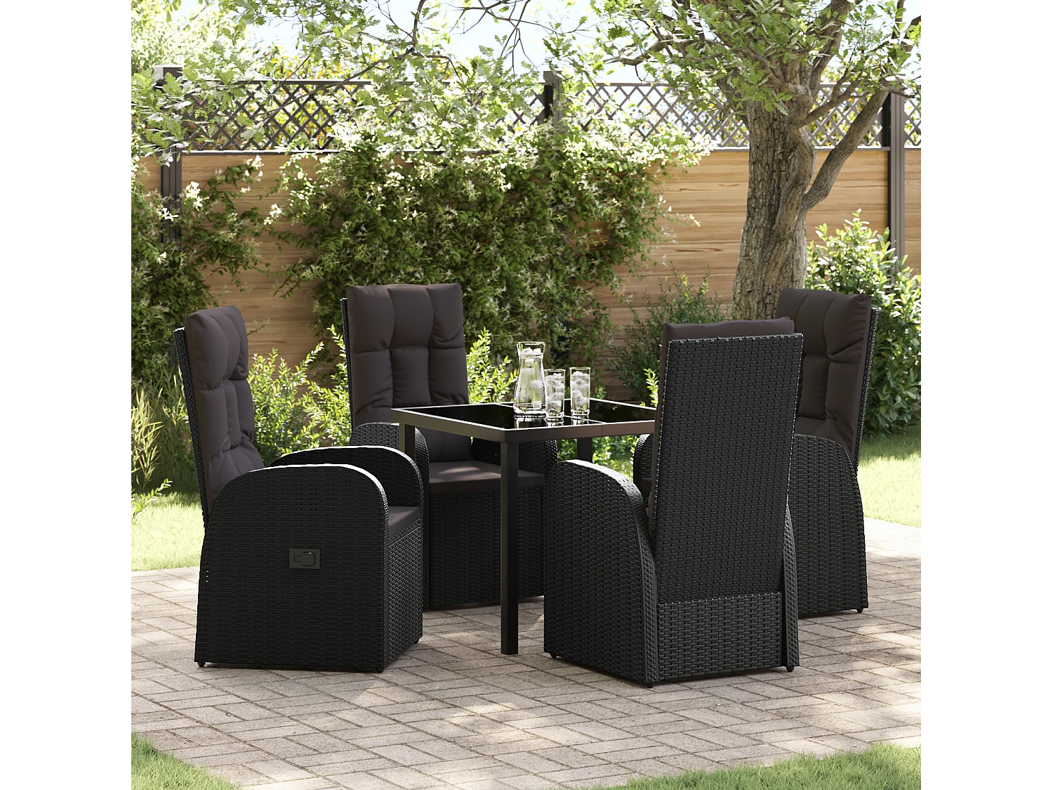 Set de 5 pièces pour repas de jardin avec coussins - Rattan poly noir