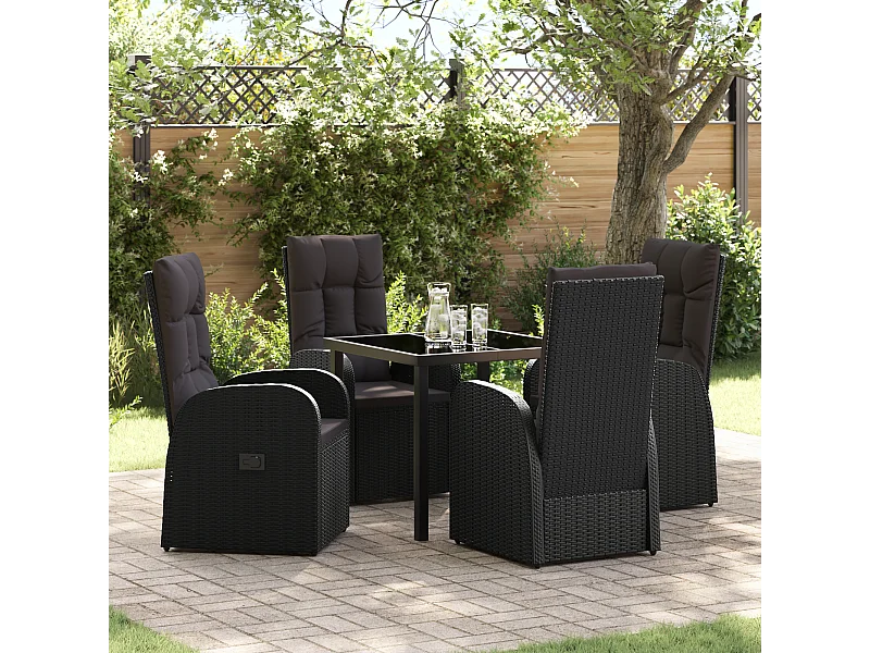 Set de 5 pièces pour repas de jardin avec coussins - Rattan poly noir