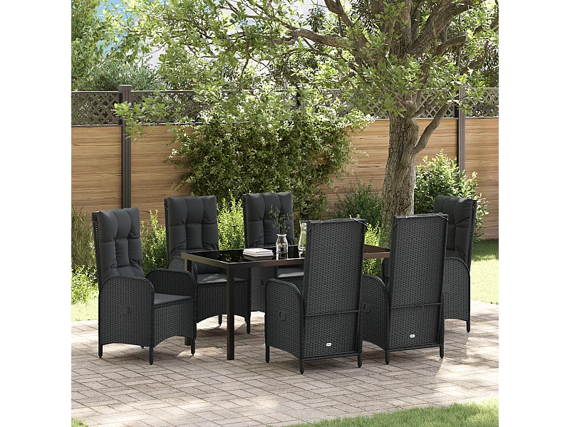 Ensemble de jardin de 7 pièces Rattan Poly Noir