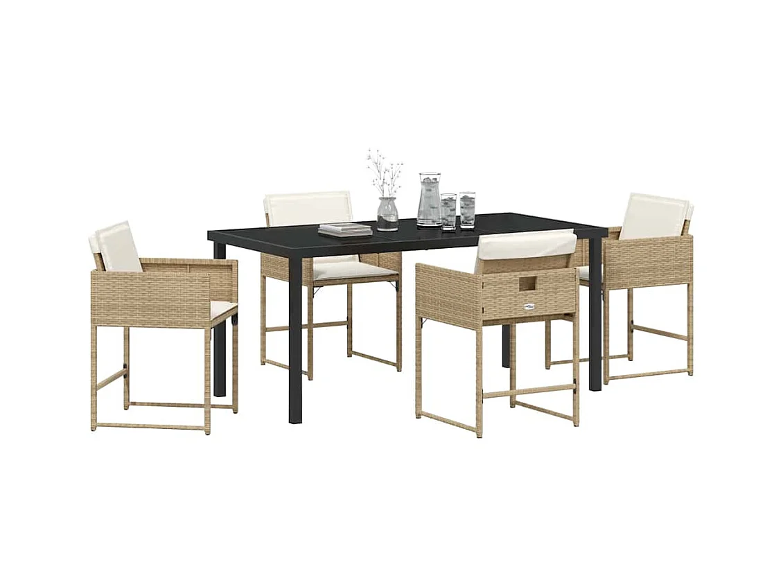 Set da pranzo da giardino da 5 pezzi con cuscini in polyrattan beige