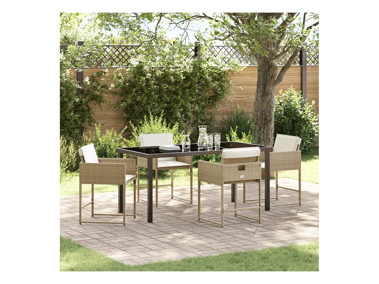 Ensemble repas jardin 5 pièces avec coussins beige en poly rattan