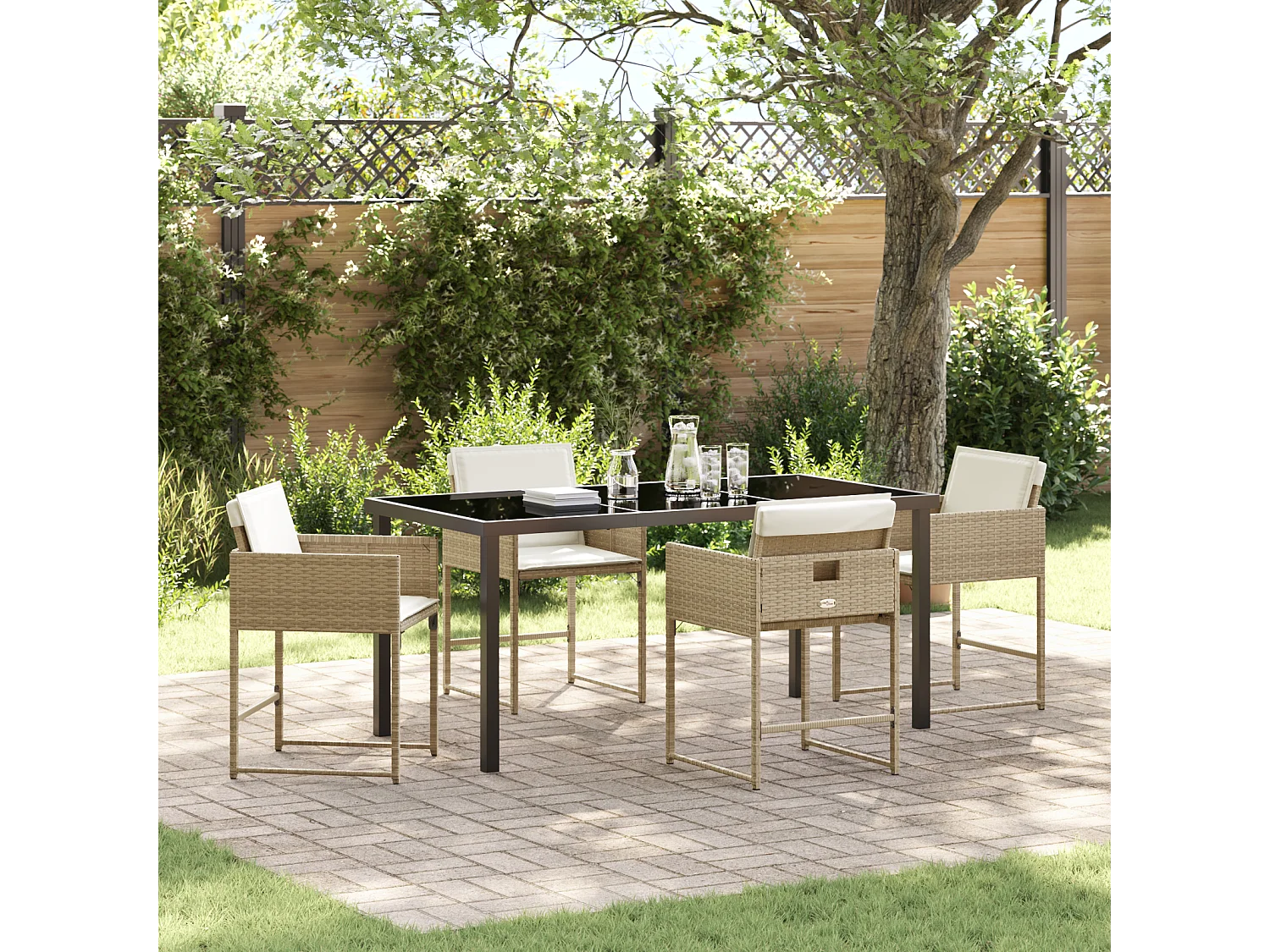 Ensemble repas jardin 5 pièces avec coussins beige en poly rattan