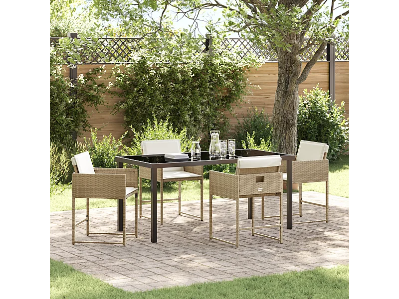Ensemble repas jardin 5 pièces avec coussins beige en poly rattan