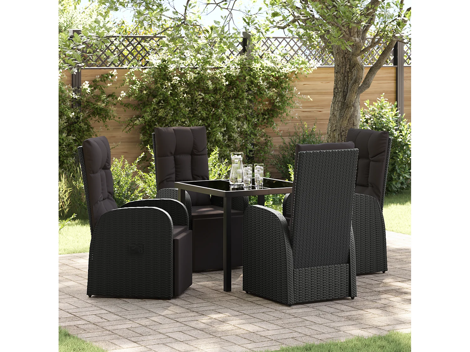 Ensemble de 5 Pièces de Salle à Manger de Jardin avec Coussins Noir Poly Rattan