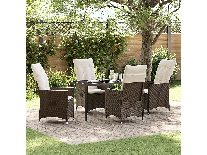 Ensemble de Salle à Manger de Jardin 5 Pièces avec Coussins Marron Rattan Poly