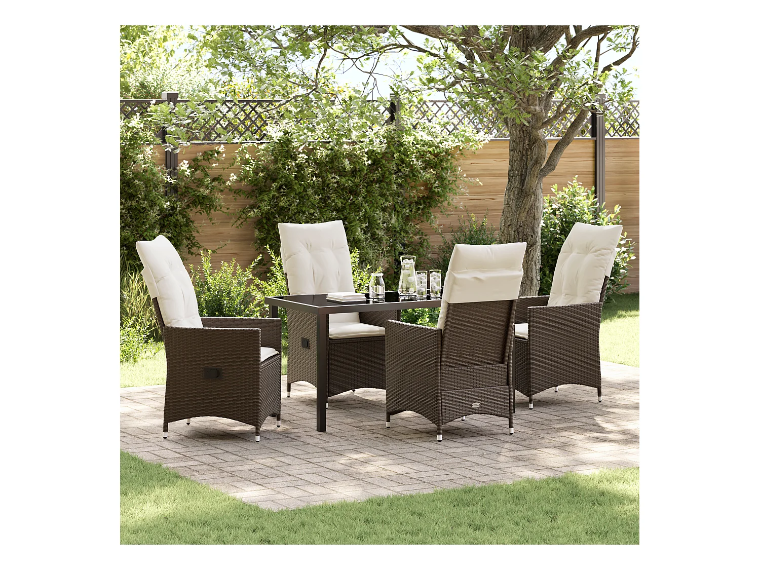 5-teiliges Garten-Essset mit braunen Polyrattan-Kissen