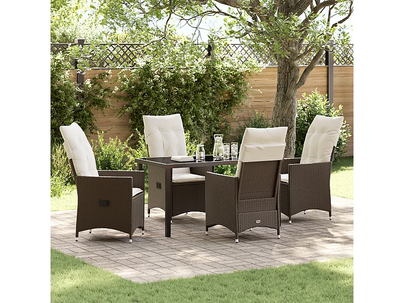 Ensemble de Salle à Manger de Jardin 5 Pièces avec Coussins Marron Rattan Poly