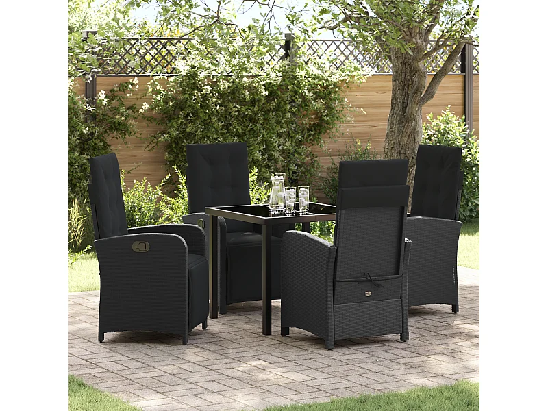 Set da pranzo da giardino 5 pezzi con cuscini in polyrattan nero