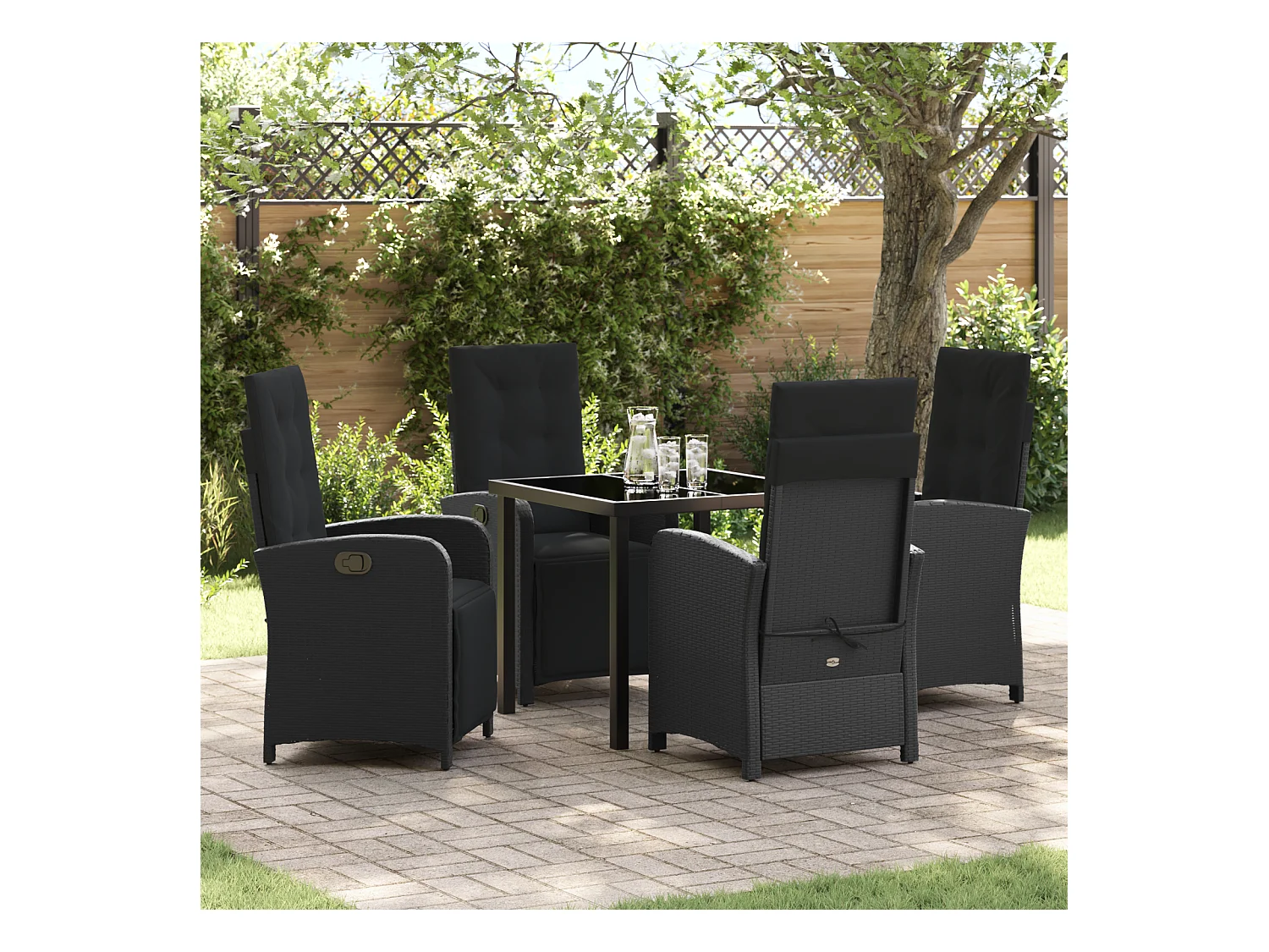 Set da pranzo da giardino 5 pezzi con cuscini in polyrattan nero