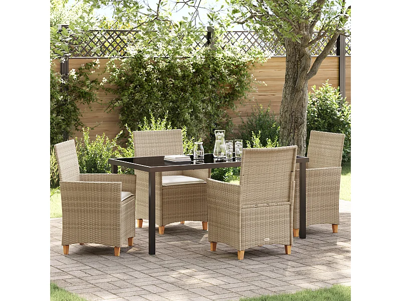 Set da pranzo da giardino 5 pezzi con cuscini in polyrattan beige