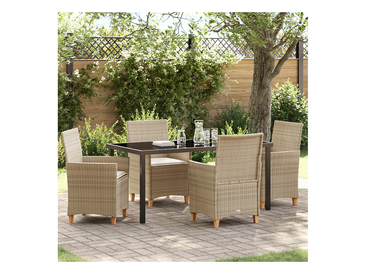 Ensemble de salle à manger de jardin 5 pièces avec coussins Beige Poly Rattan