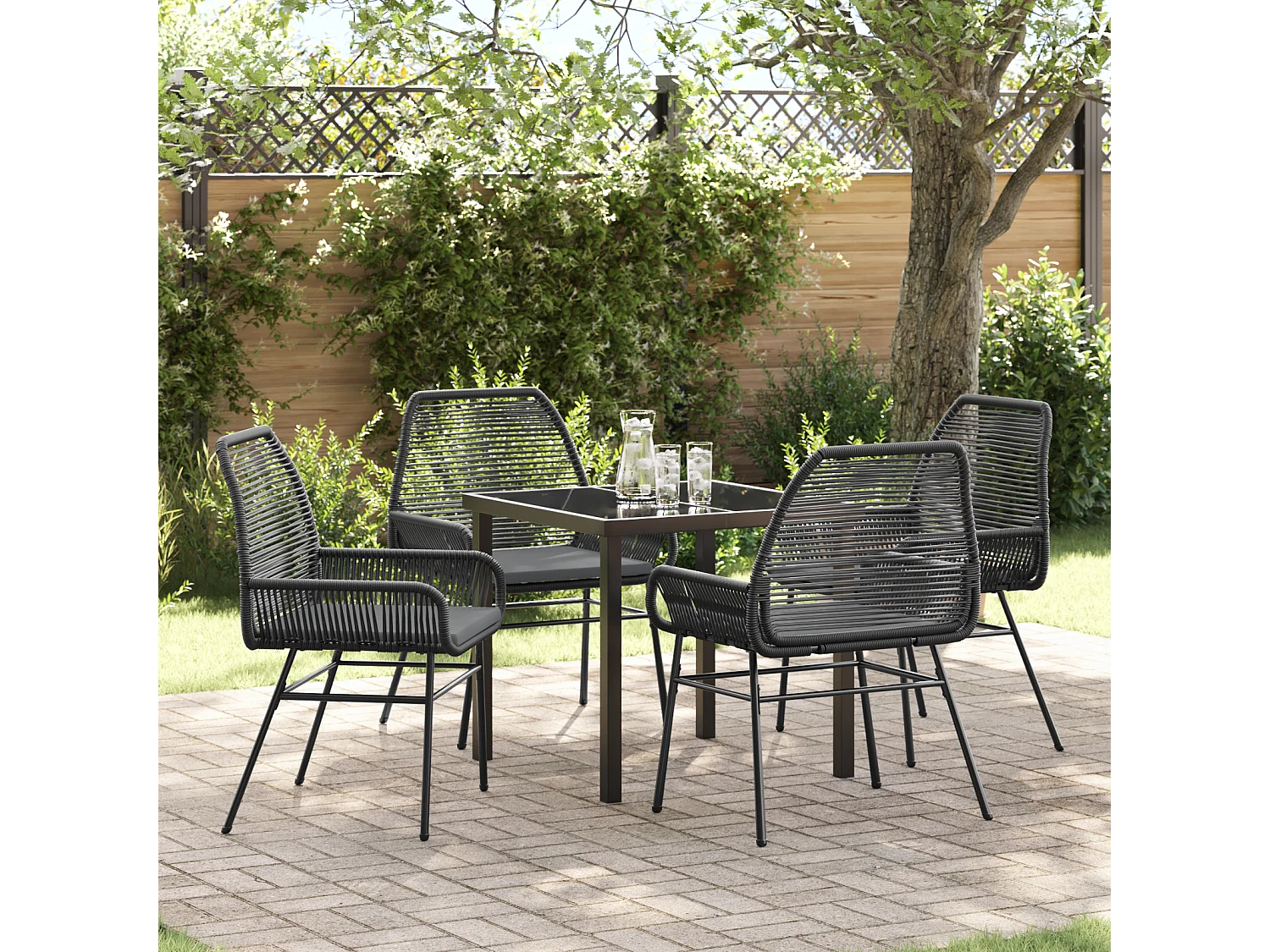 Ensemble de Salle à Manger de Jardin de 5 Pièces avec Coussins en Rattan Poly Noir