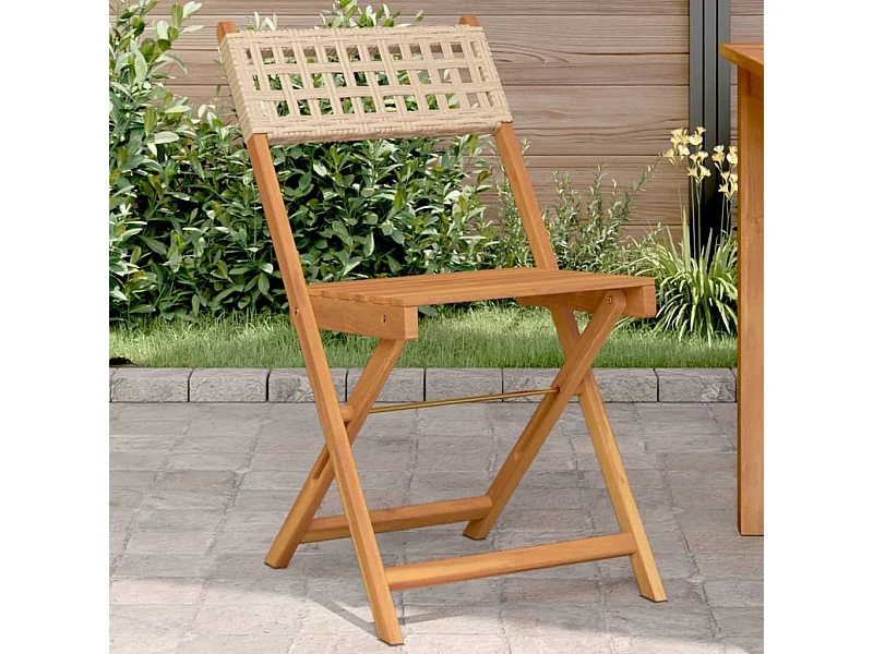 2er-Set Bistrostühle in Beige, massivem Akazienholz und Rattan