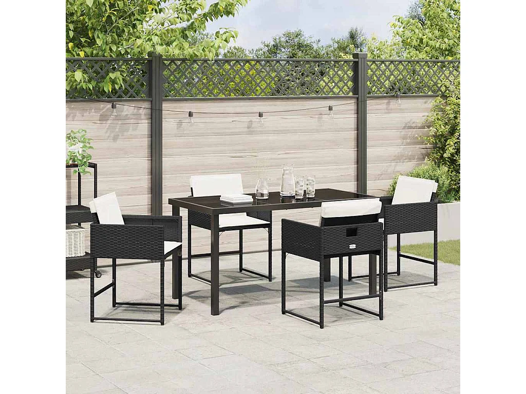Set da pranzo da giardino 5 pezzi con cuscini in polyrattan nero