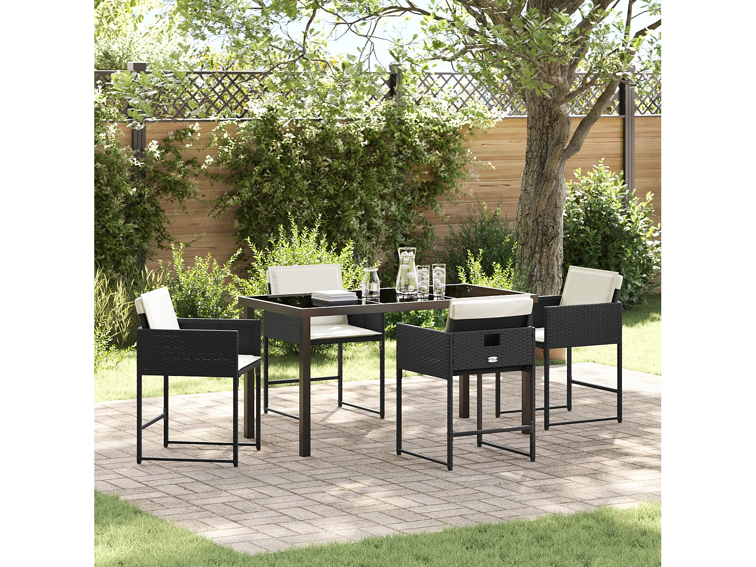 Set da pranzo da giardino 5 pezzi con cuscini in polyrattan nero