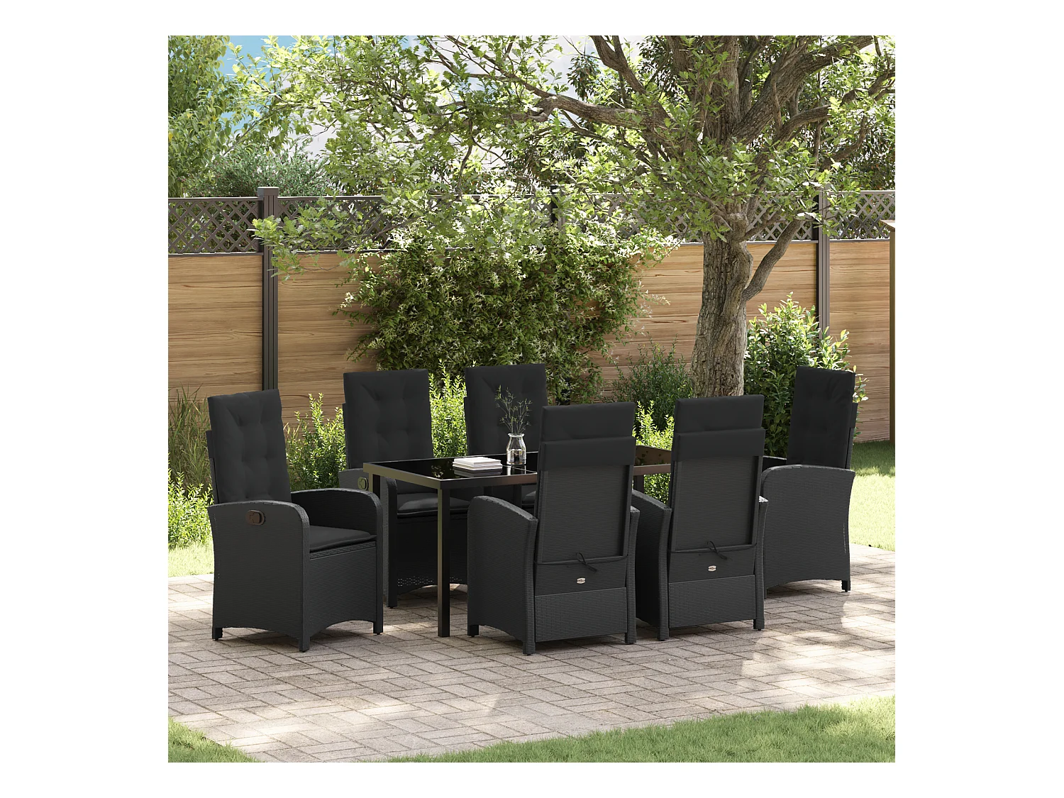 Ensemble de salle à manger de jardin 7 pièces avec coussins Noir Poly Rattan