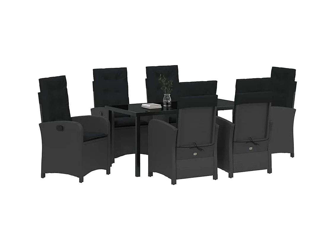 Ensemble de salle à manger de jardin 7 pièces avec coussins Noir Poly Rattan