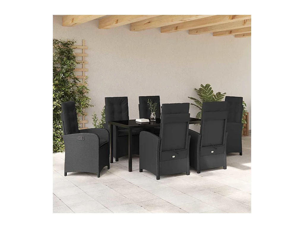 Ensemble de salle à manger de jardin 7 pièces avec coussins Noir Poly Rattan