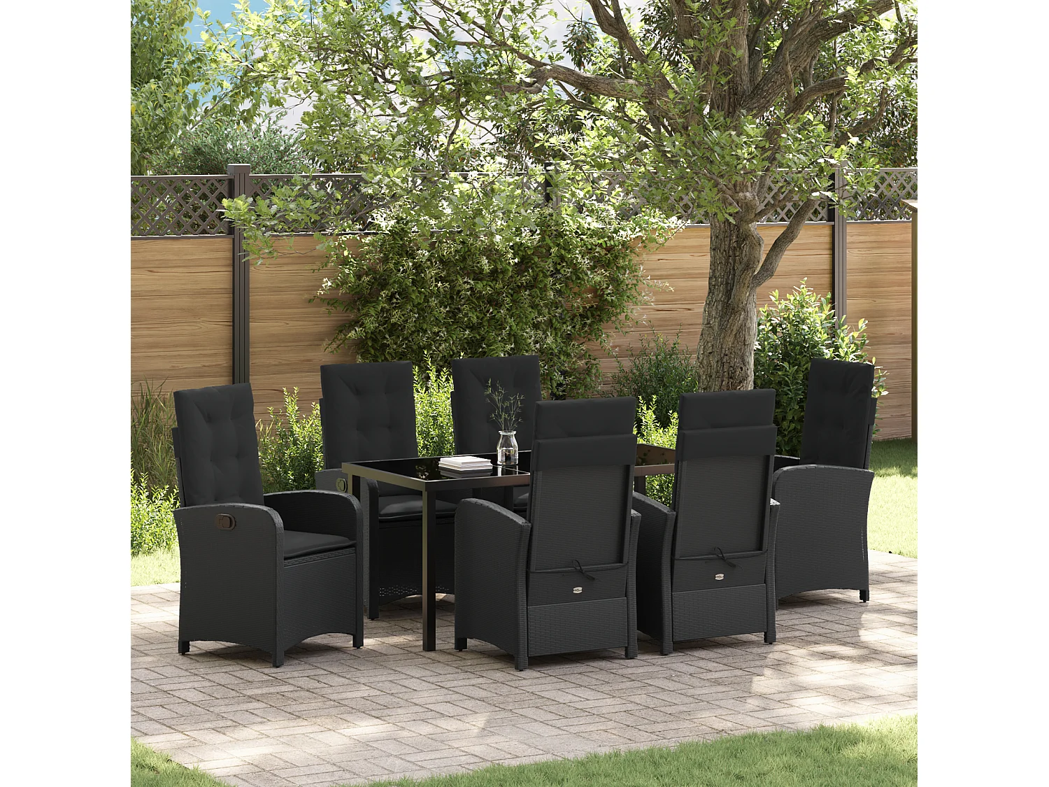 Ensemble de salle à manger de jardin 7 pièces avec coussins Noir Poly Rattan