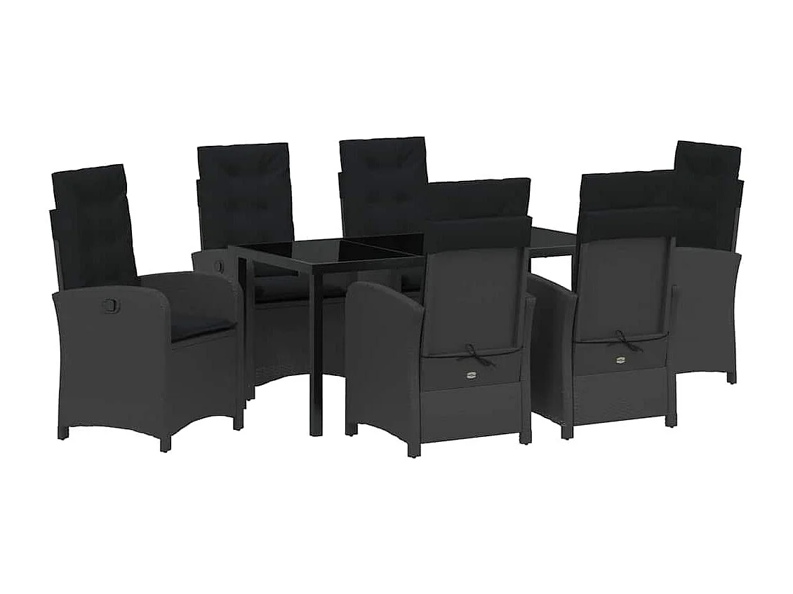 Ensemble de salle à manger de jardin 7 pièces avec coussins Noir Poly Rattan