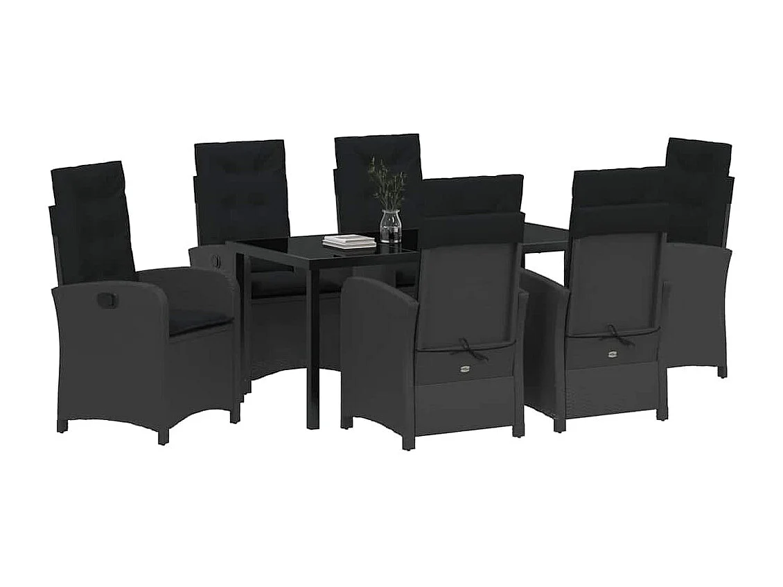 Ensemble de salle à manger de jardin 7 pièces avec coussins Noir Poly Rattan