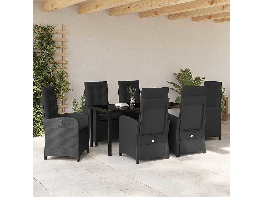 Ensemble de salle à manger de jardin 7 pièces avec coussins Noir Poly Rattan
