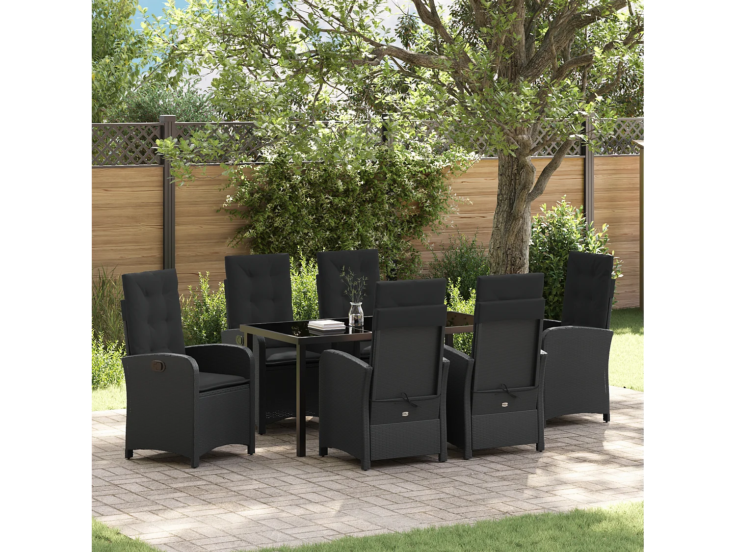 Ensemble de salle à manger de jardin 7 pièces avec coussins Noir Poly Rattan