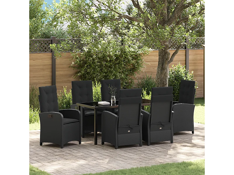 Ensemble de salle à manger de jardin 7 pièces avec coussins Noir Poly Rattan