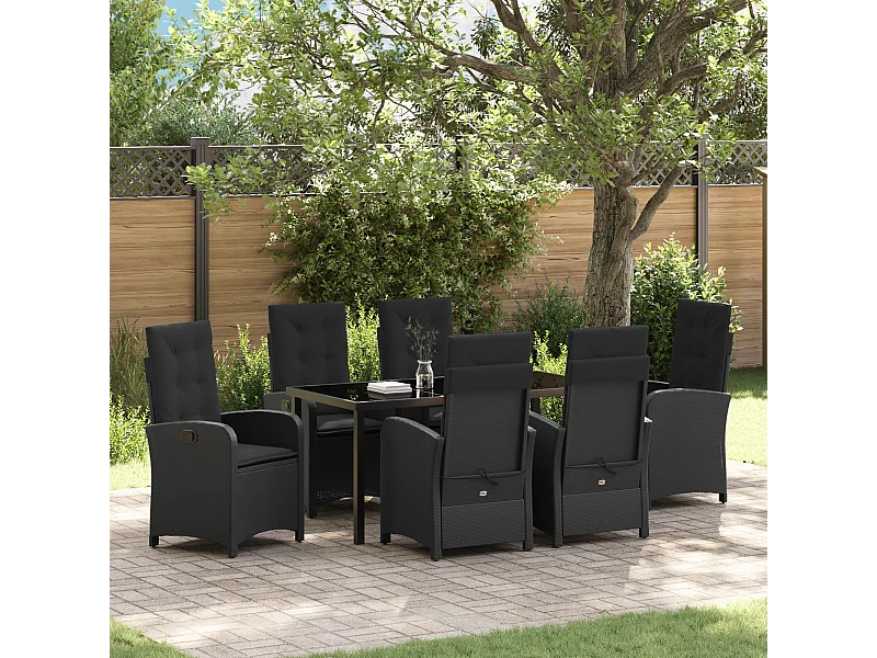 Ensemble de salle à manger de jardin 7 pièces avec coussins Noir Poly Rattan