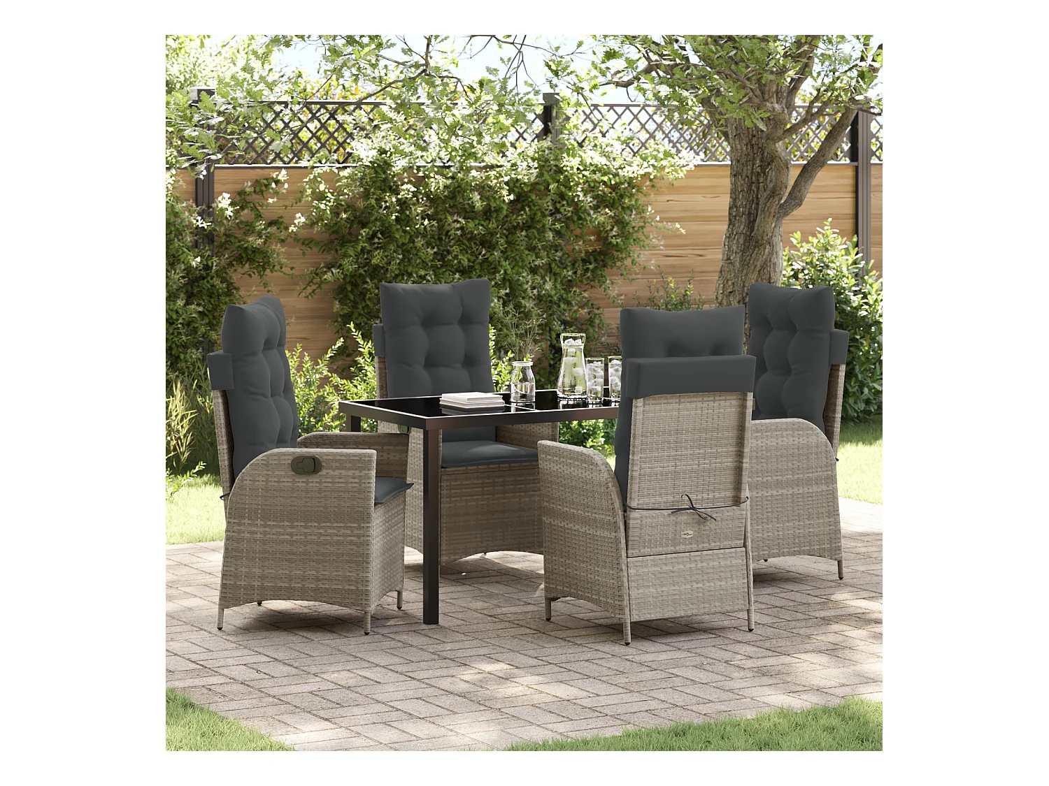 Set da giardino 5 pezzi con cuscini in polyrattan grigio chiaro