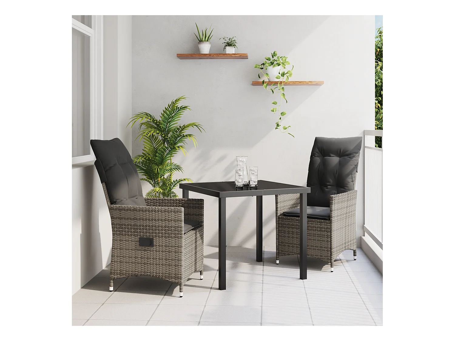 Set da pranzo da giardino 3 pezzi con cuscini grigi in polyrattan