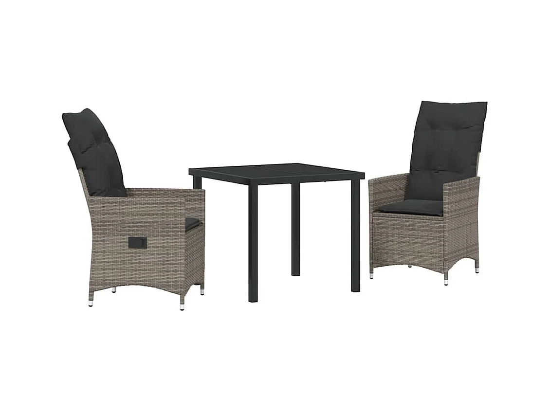 Set da pranzo da giardino 3 pezzi con cuscini grigi in polyrattan
